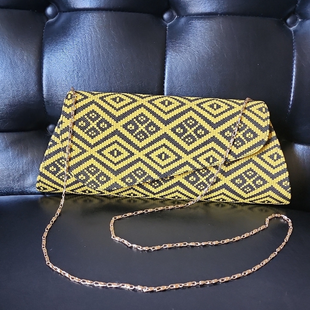 Yellow and Black Geometric Beaded Clutch Purse with Chain Strap